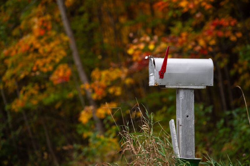 A silver mailbox with its red flag raised, set against a backdrop of vibrant autumn foliage in gold, orange, and red